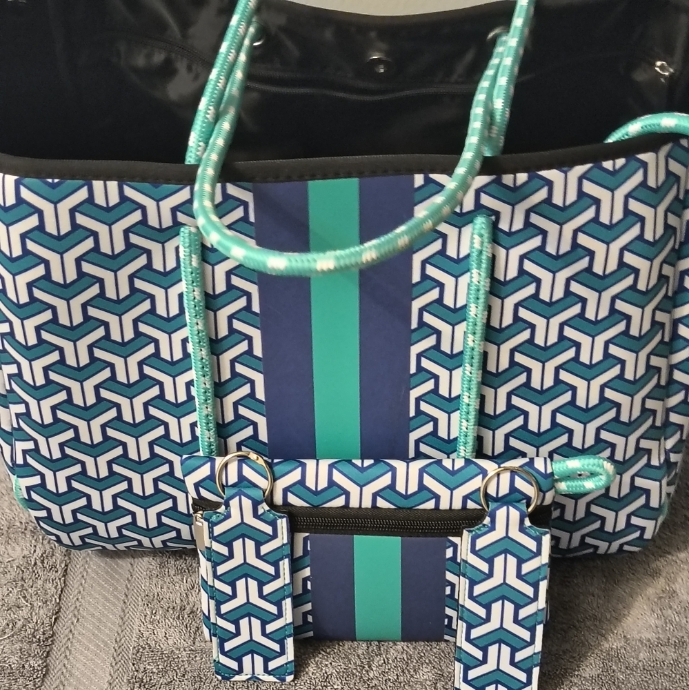 Neoprene Woman's Tote Bag/w Detachable Pouch Lipstick Keychain Holder Beachy